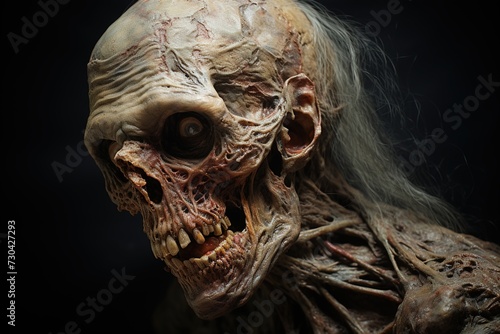 Detailed portrait of a hungry zombie with rotten flesh and no eyes photo