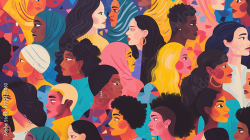 Vibrant diversity celebrated through a colorful illustration of women, ideal for cultural events and educational materials