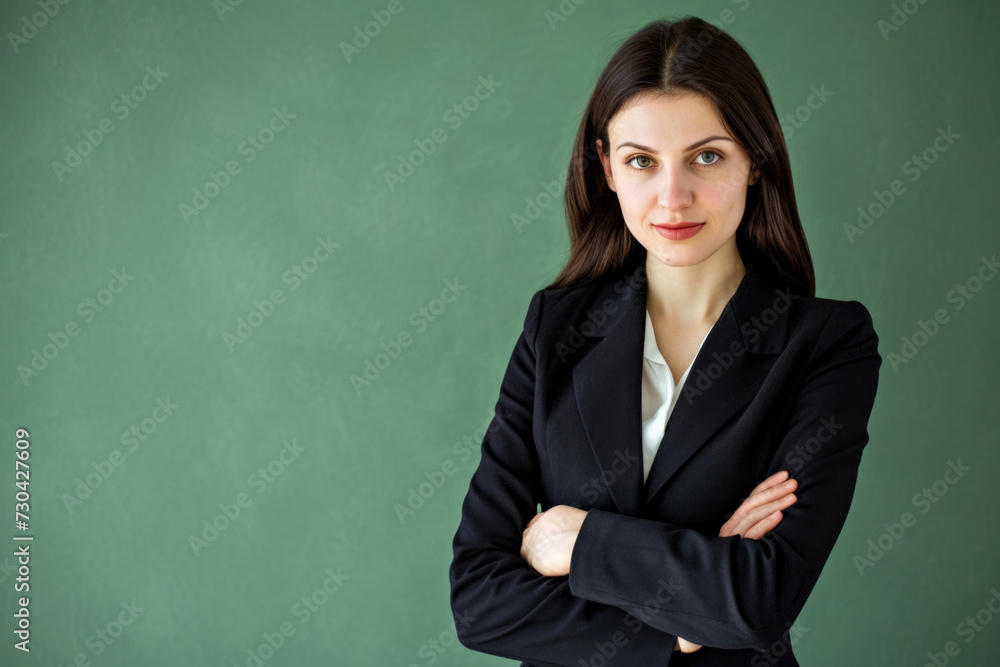 A captivating photo portrait: A smart businesswoman with crossed hands on green background, exuding confidence, emphasizing professionalism and a dynamic presence. A captivating photo portrait: A smart businesswoman with crossed hands on green background, exuding confidence, emphasizing professionalism and a dynamic presence.