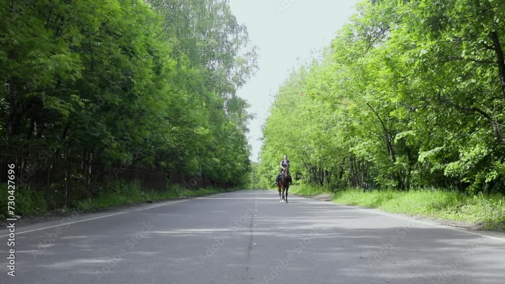 Young woman sits in saddle on horse which gallops by country road at summer day. Slow motion Young woman sits in saddle on horse which gallops by country road at summer day. Slow motion