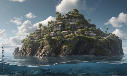 Flooded islands represent rising sea levels due to climate change. environment. Environmental destruction. Earth. Protect the Earth. serious. Image generation AI 