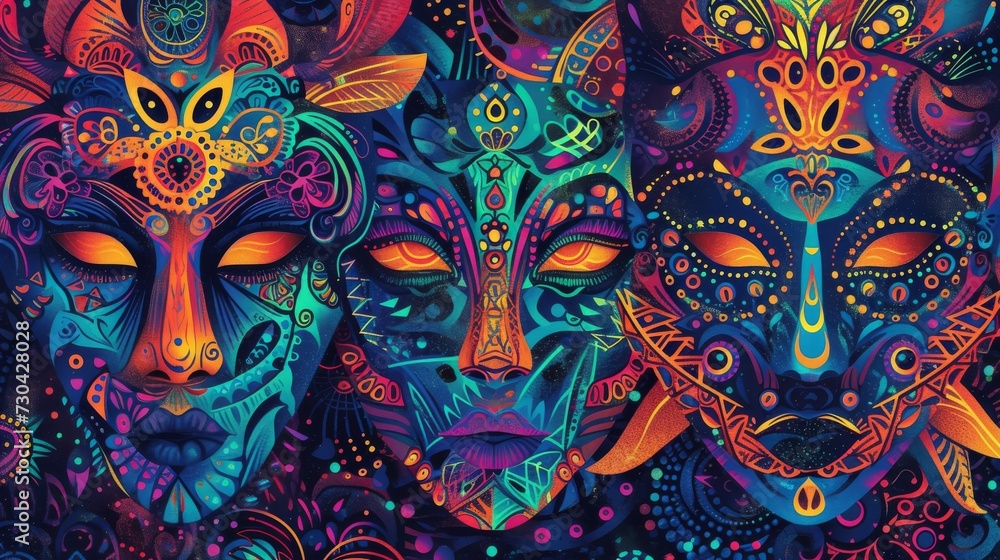 Colorful carnival masks with intricate designs background Colorful carnival masks with intricate designs background
