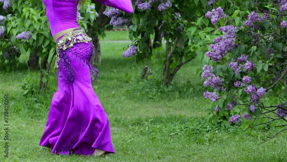 Woman in purple dress dances on grass near bushes of blossoming lilac at spring Woman in purple dress dances on grass near bushes of blossoming lilac at spring