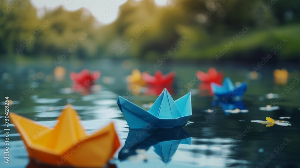 Colorful paper boats floating on water with reflections background