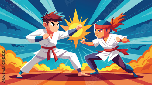 Karate Kids Spar in Outdoor Dojo at Sunset
