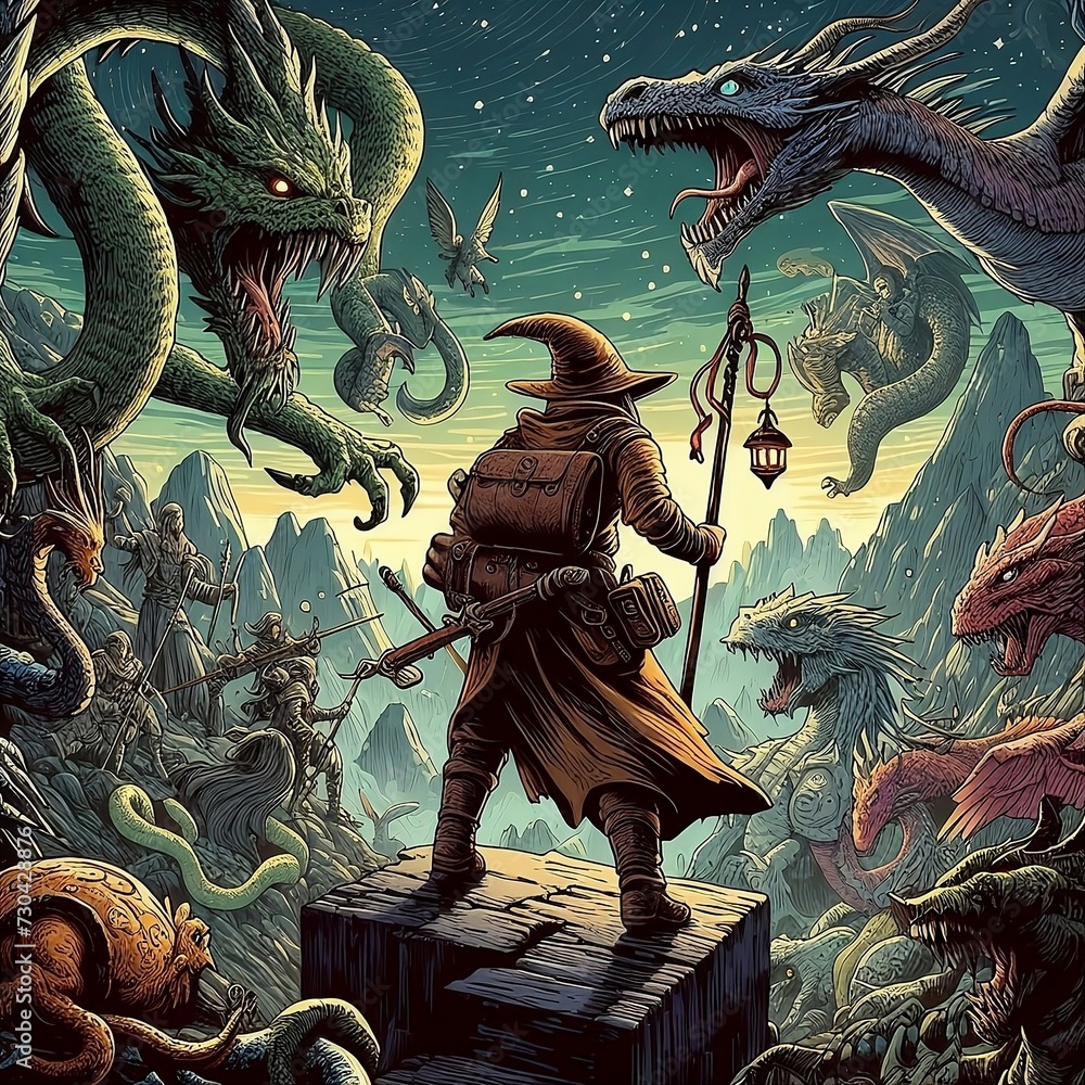 Illustration of an adventurer facing challenges in a fantasy world full ...