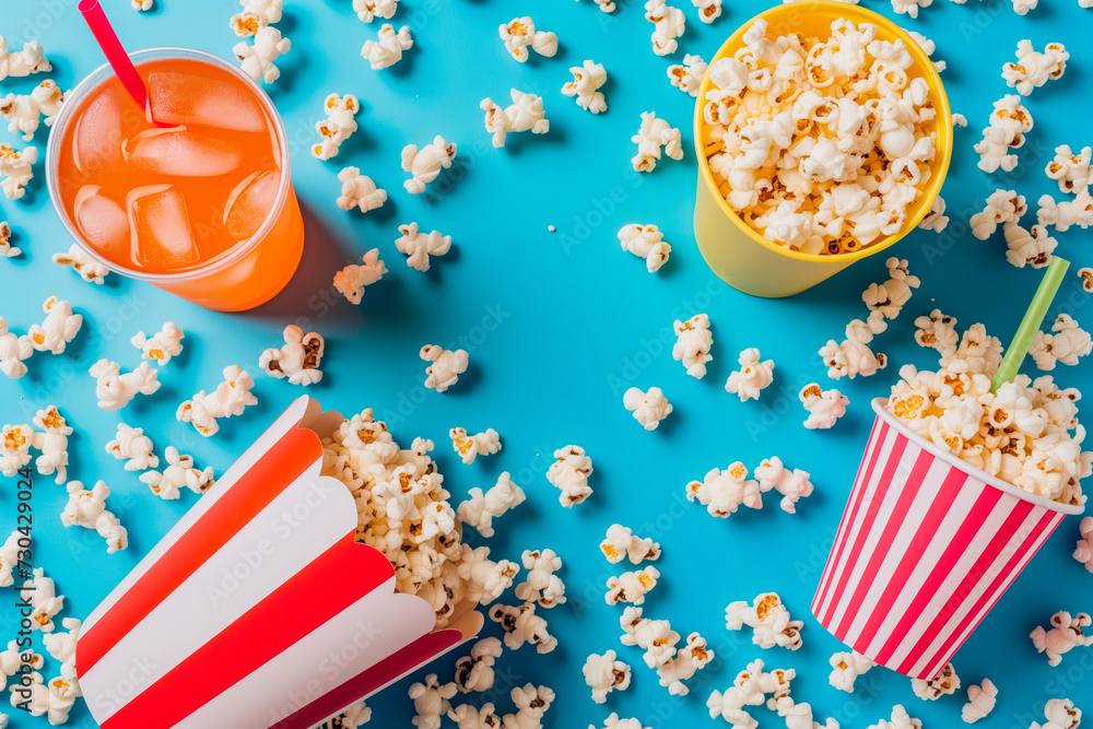 Cinema and theater concept. Paper cups and red stripped popcorn buckets ...