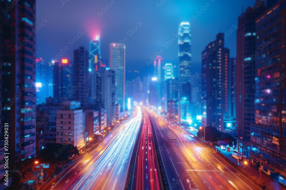 A time-lapse video of a bustling cityscape at night, showcasing the dynamic movement of urban life. Concept of urban energy and time's passage. Generative Ai. A time-lapse video of a bustling cityscape at night, showcasing the dynamic movement of urban life. Concept of urban energy and time's passage. Generative Ai.