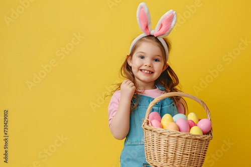 A cheerful girl with rabbit ears on her head with a basket of colored eggs in her hands on a yellow background