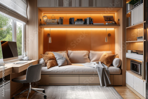 A multipurpose home office that transforms into a guest room, exemplifying versatility and practicality. Concept of multifunctional and space-efficient home offices. Generative Ai.