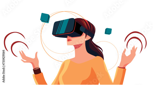 Flat vector illustration with woman wearing VR glasses. A meta-universe of entertainment. Interaction and exploration of the virtual world