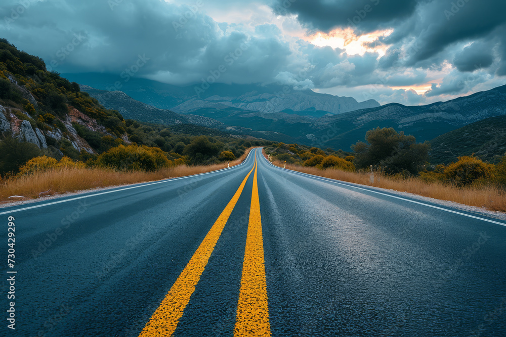 A hyperlapse of a road trip, compressing hours of travel into a few minutes. Concept of journey and adventure in fast motion. Generative Ai. A hyperlapse of a road trip, compressing hours of travel into a few minutes. Concept of journey and adventure in fast motion. Generative Ai.