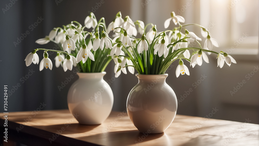 Vase with snowdrops in the room springtime