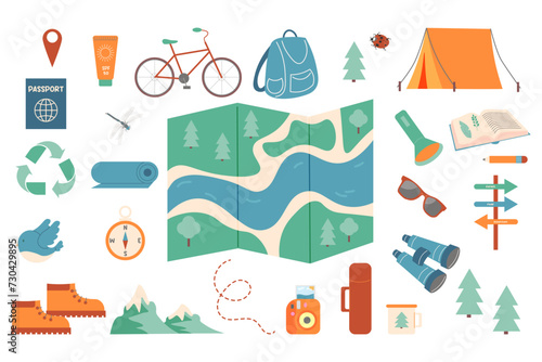 Ecotourism. a set of items for the hike, equipment. eco-travel. vector illustration. summer camp in the forest.
