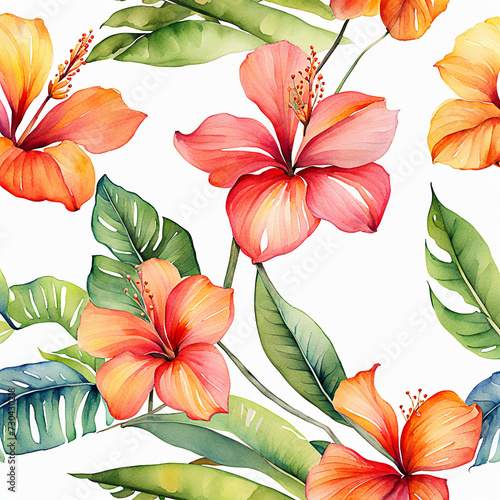 Hand drawn watercolor flower, tropical floral pattern and background, botanical seamless