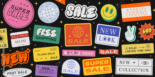 Set Of Retro Sale Stickers Vector Design . Cool Promo Patches Special Offer Discount Illustration. Y2k Label Tags. Online Stoke Shop Signs.