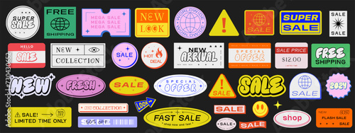 Set Of Retro Sale Stickers Vector Design . Cool Promo Patches Special Offer Discount Illustration. Y2k Label Tags. Online Stoke Shop Signs.