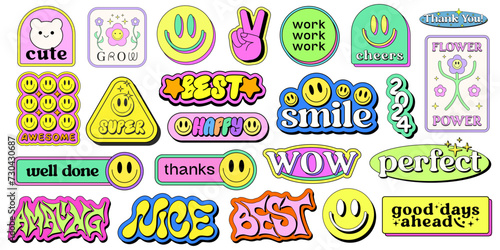 Set Of Cool Y2k Stickers Vector Design. Collection Of Pop Art Patches. Smile Emoji Graphic Elements. Groovy Badges. Graffiti Street Art Typography.