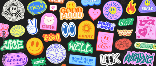 Cool Y2k Aesthetic Stickers Collage Vector Illustration. Trendy Cute Smile Patches Bundle. Comic Pop Art Graphic Gesign Elements.