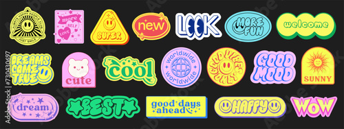 Set Of Cool Y2k Stickers Vector Design. Collection Of Pop Art Patches. Smile Emoji Graphic Elements. Groovy Badges. Graffiti Street Art Typography.