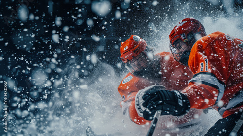 Hockey fight at the boards, bodycheck, rink of sport arena
