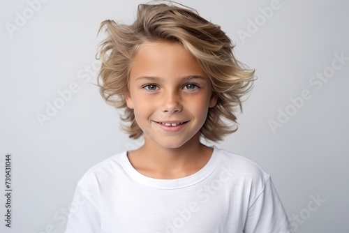 Portrait of a cute smiling little boy with blond hair over grey background