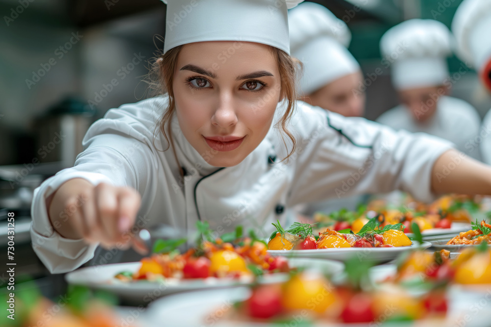 Young female chef garnishing dishes in a busy kitchen Young female chef garnishing dishes in a busy kitchen