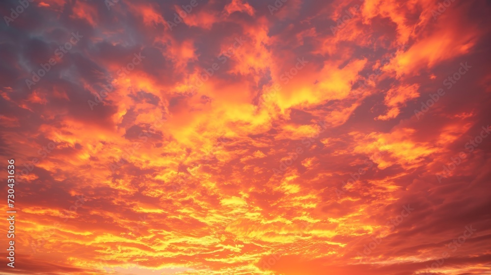 Fiery sunset cloudscape with vibrant orange and red hues background