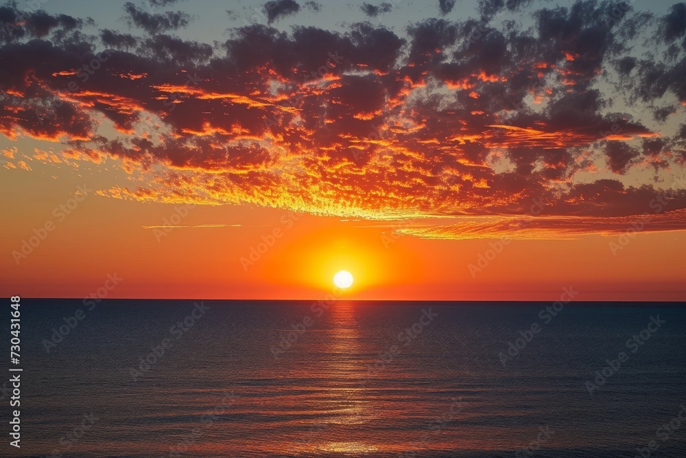 Fiery sunset, painting the sky, over a calm ocean horizon.