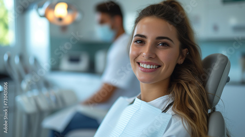 Happy woman in dental chair with smile during fun event.