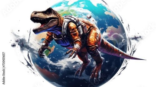 Dinosaur t rext astronaut with planet earth in the background from outer space.  