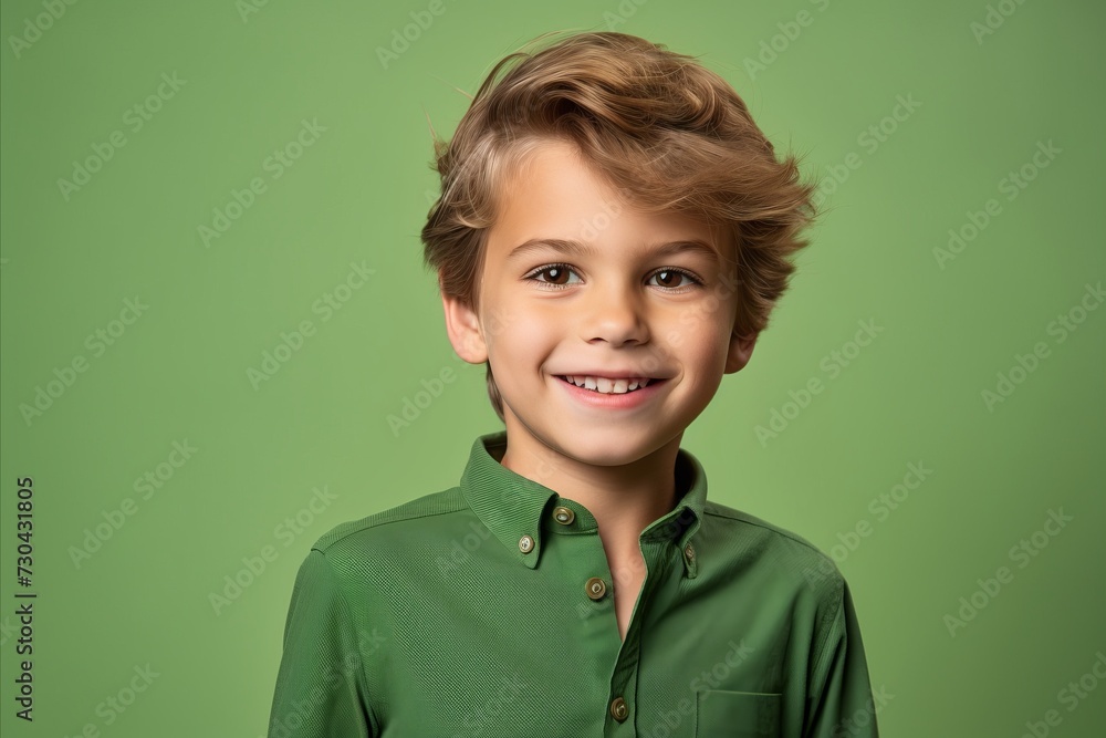 Portrait of a smiling little boy in a green shirt on a green background Portrait of a smiling little boy in a green shirt on a green background
