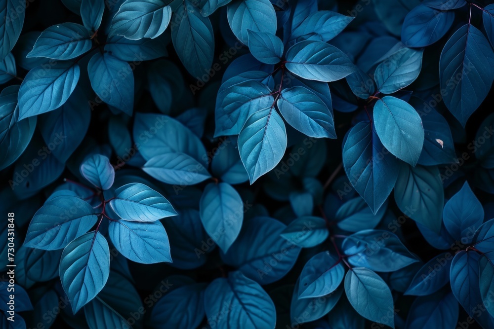 a close up of several blue leaves in the forest Generative AI