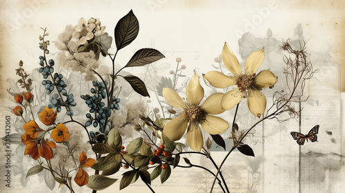 A floristic composition of dried flowers for hand made and scrapbooking. Romantic floral design of postcard paper.