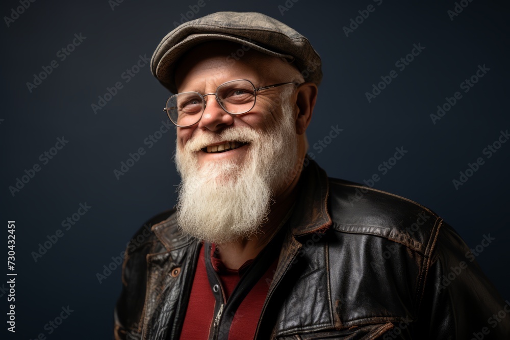 Portrait of an old man with a white beard and mustache wearing a cap and leather jacket on a dark background Portrait of an old man with a white beard and mustache wearing a cap and leather jacket on a dark background