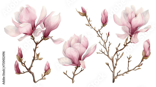 Watercolor blooming pink magnolia flowers and branches isolated transparent background. PNG Format. photo