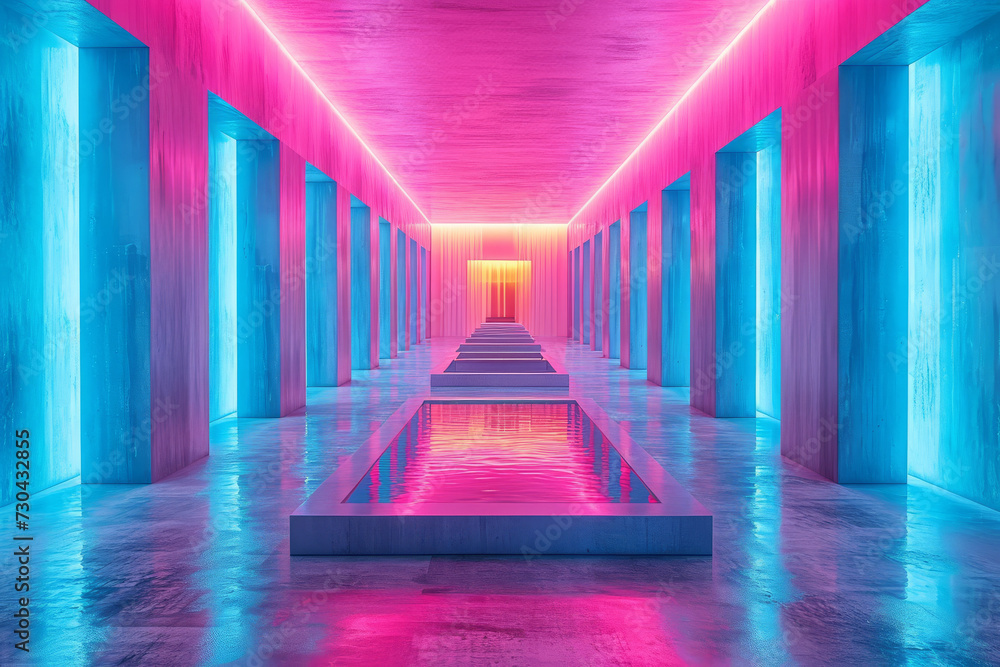 A gallery space using turquoise gels for a unique and immersive art experience. Concept of enhancing art exhibitions with colored lighting. Generative Ai.