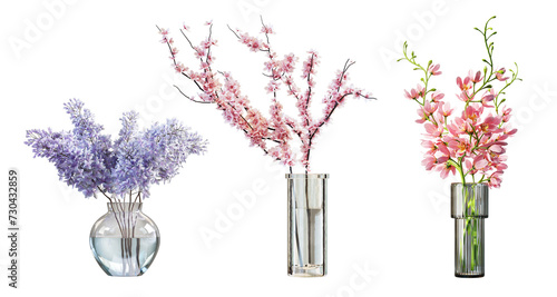 Fototapeta Naklejka Na Ścianę i Meble -  Set of spring bunch flowers in glass vases, isolated on transparent background. 3D render.