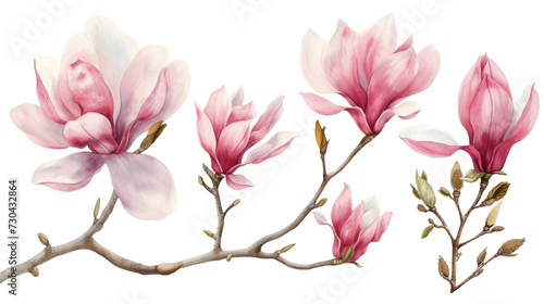 Watercolor blooming pink magnolia flowers and branches isolated transparent background. PNG Format.