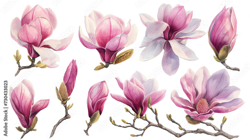Watercolor blooming pink magnolia flowers and branches isolated transparent background. PNG Format.