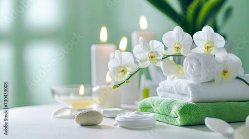 Stylish illustration for advertising aroma and SPA treatments with towels  orchids  massage cream and candles on a mint color background.
