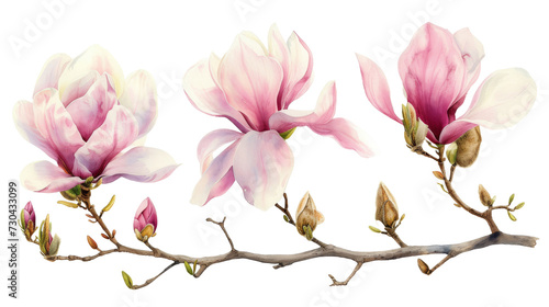 Watercolor blooming pink magnolia flowers and branches isolated transparent background. PNG Format. © Media Srock