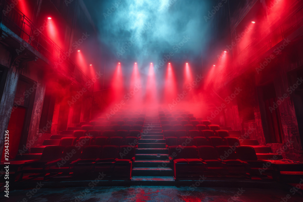 A movie scene lit with scarlet gels, enhancing the emotional intensity. Concept of cinematic lighting and storytelling through color. Generative Ai. - obrazy, fototapety, plakaty 