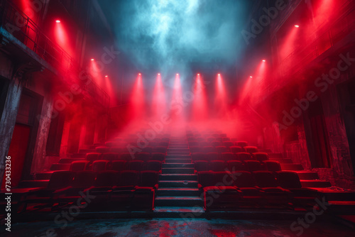 A movie scene lit with scarlet gels, enhancing the emotional intensity. Concept of cinematic lighting and storytelling through color. Generative Ai.
