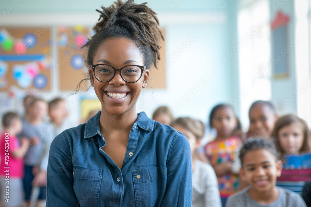 A young teacher in the background of a classroom at a school with children smiling in the background A young teacher in the background of a classroom at a school with children smiling in the background