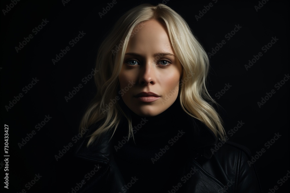 Portrait of a beautiful blonde girl in a black coat on a black background.