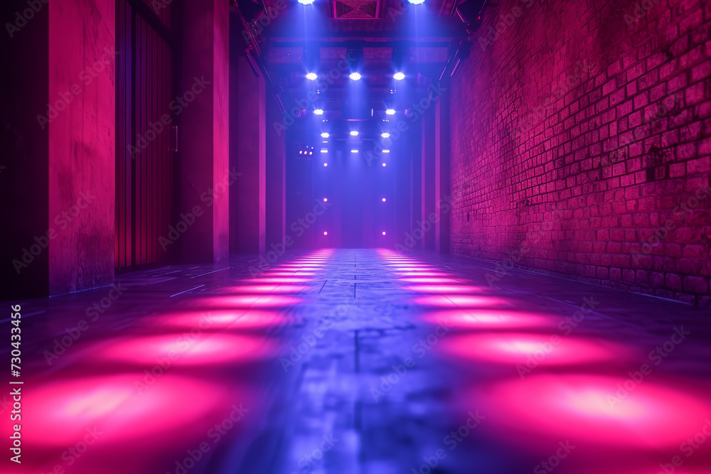 A night club with electric blue gels, pulsating with the music and energy. Concept of immersive and dynamic lighting in nightlife. Generative Ai.