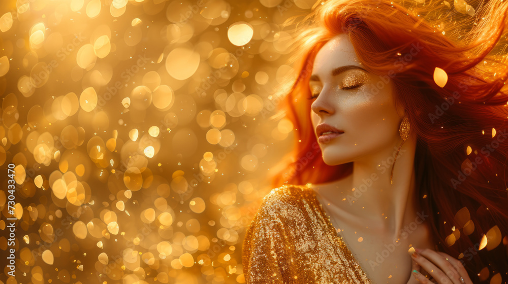 Woman with red hair in golden dress. Festive gold glitter vibes, luxury and premium street syle photography for advertising product design. Fashion beautiful Woman with red hair in golden dress. Festive gold glitter vibes, luxury and premium street syle photography for advertising product design. Fashion beautiful