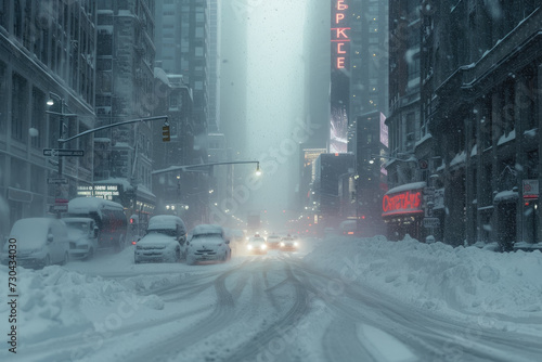 blizzard in a city, with snowdrifts and icy roads. © Formoney