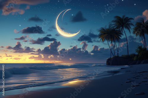 crescent moon over a beach  with waves and palm trees